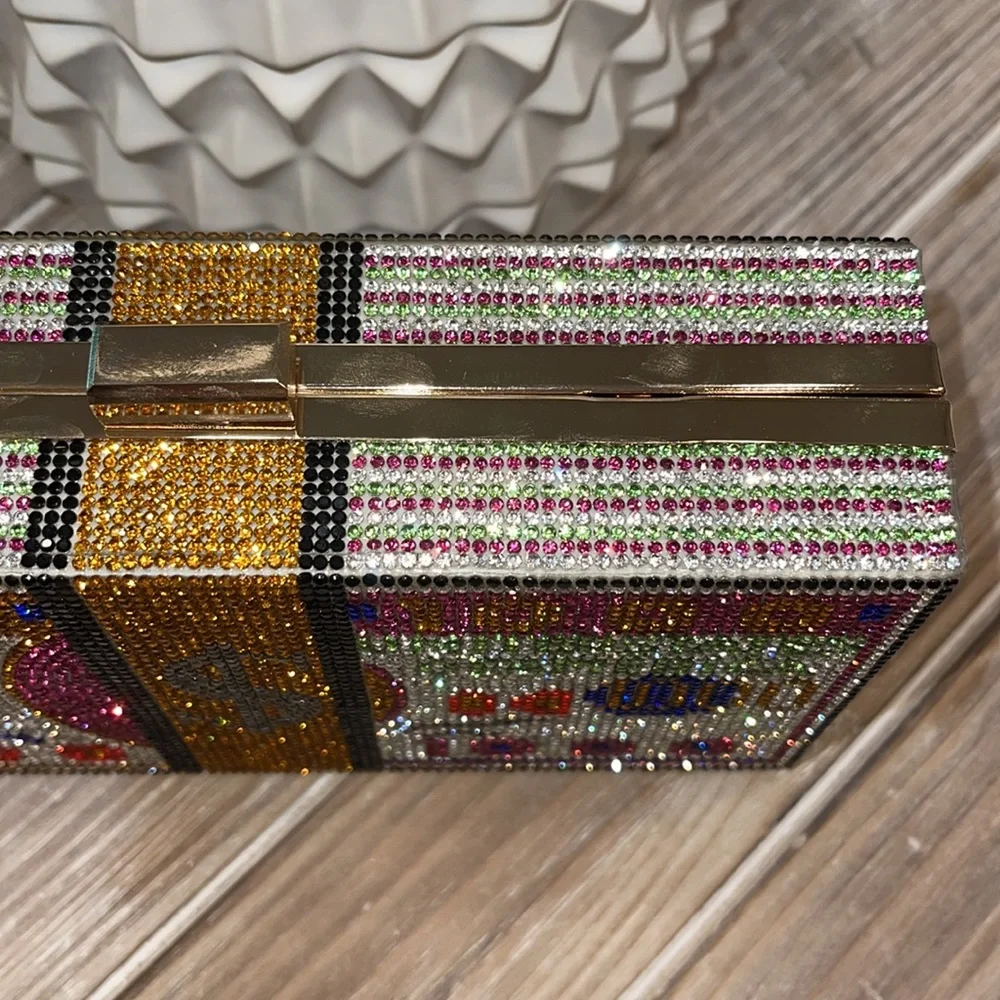 NWT Rich Girl Rhinestone Money Studded Box Clutch